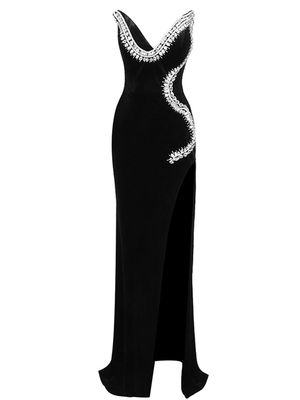 Black V-Neck Crystal Trim High Slit Mermaid Gown