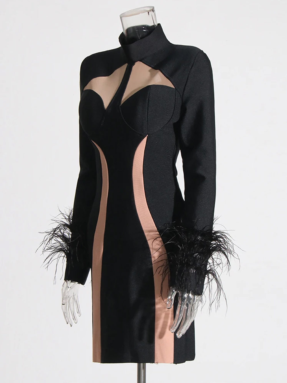 Black High Neck Mesh Cutout Feather Cuff Bandage Bodycon Mini Dress