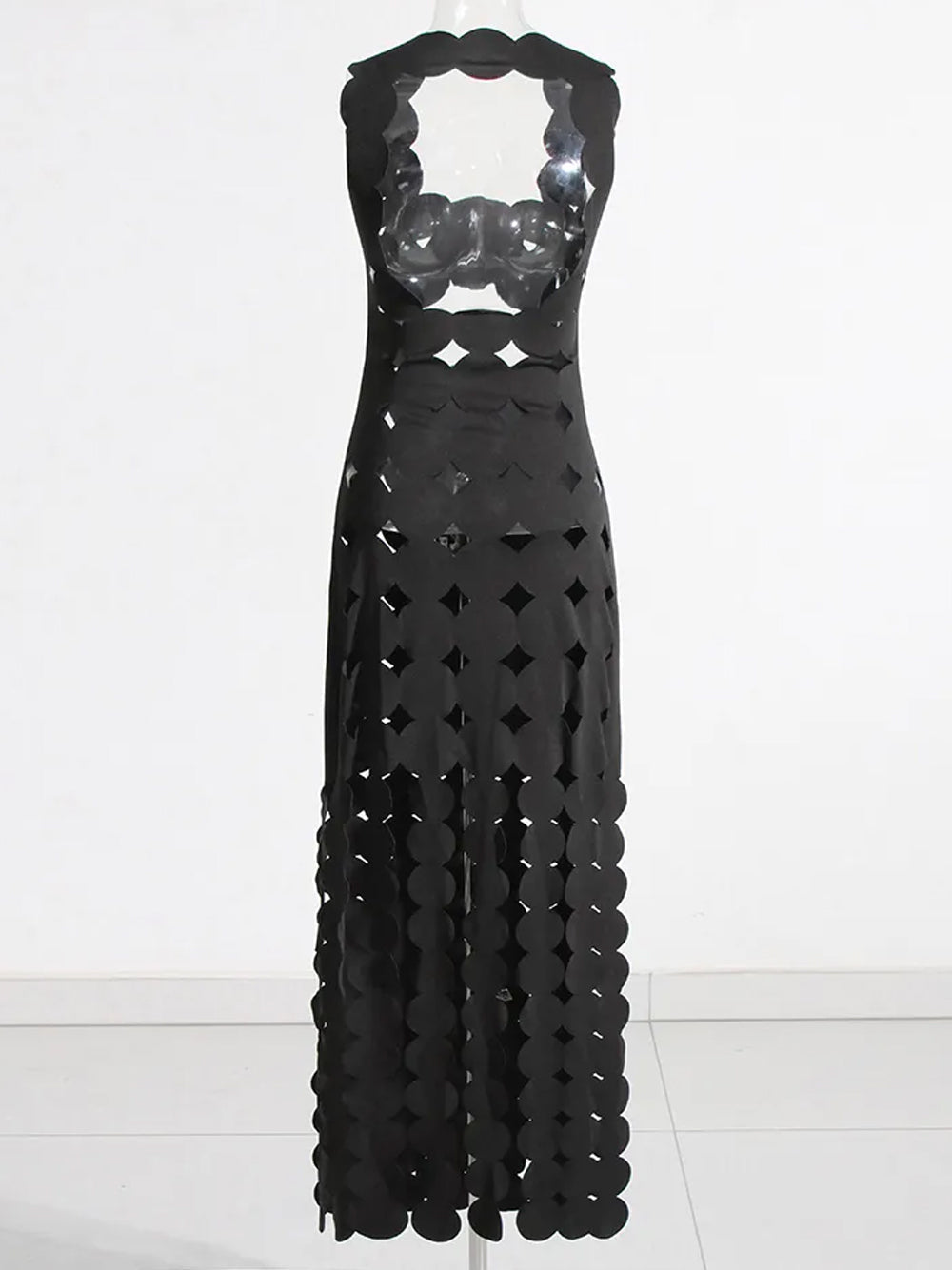 Black Scalloped Cutout Fringe Tassel Bodycon Maxi Dress