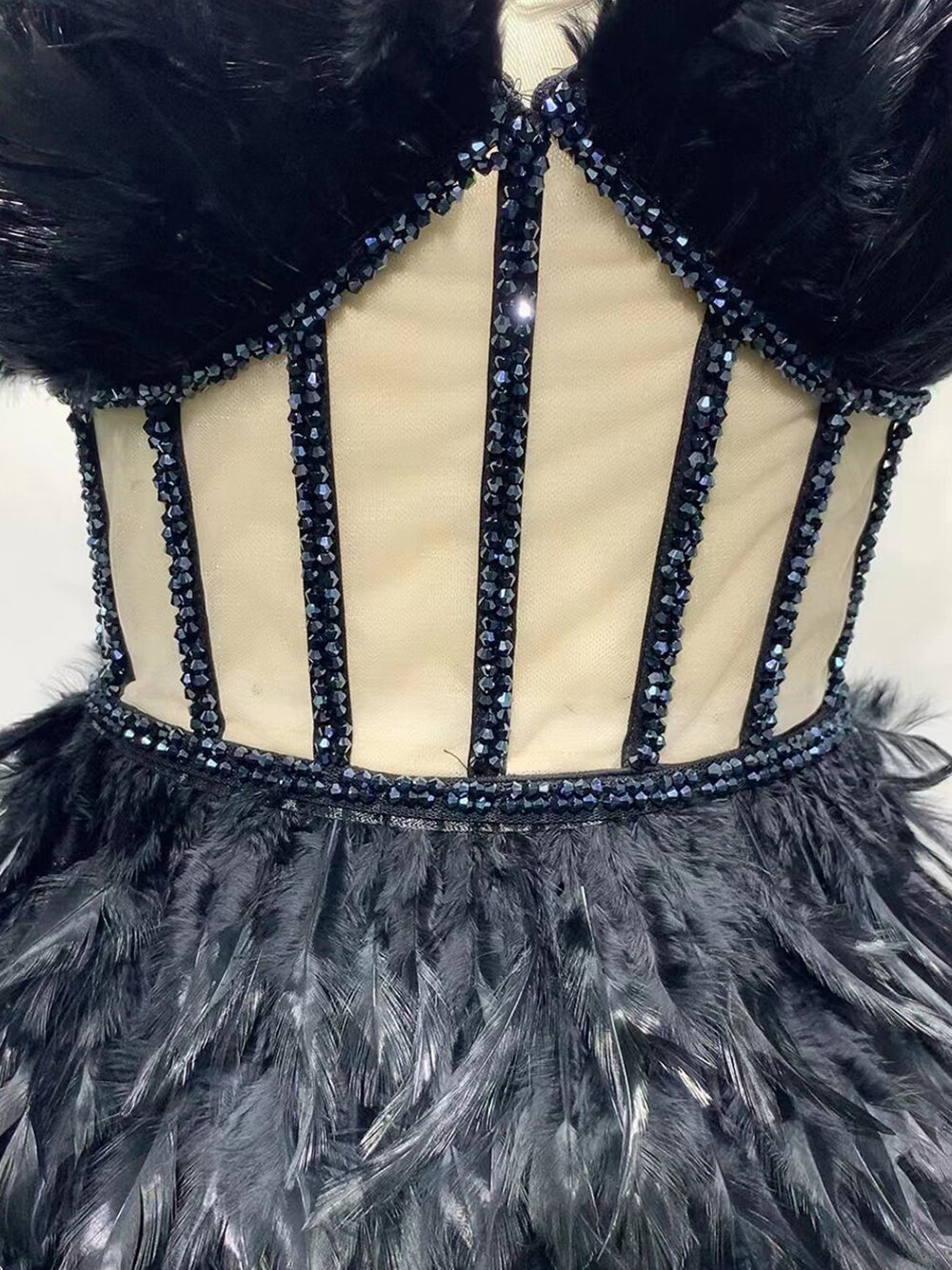 Black Strapless Feather Beaded Corset Bodycon Mini Dress 8