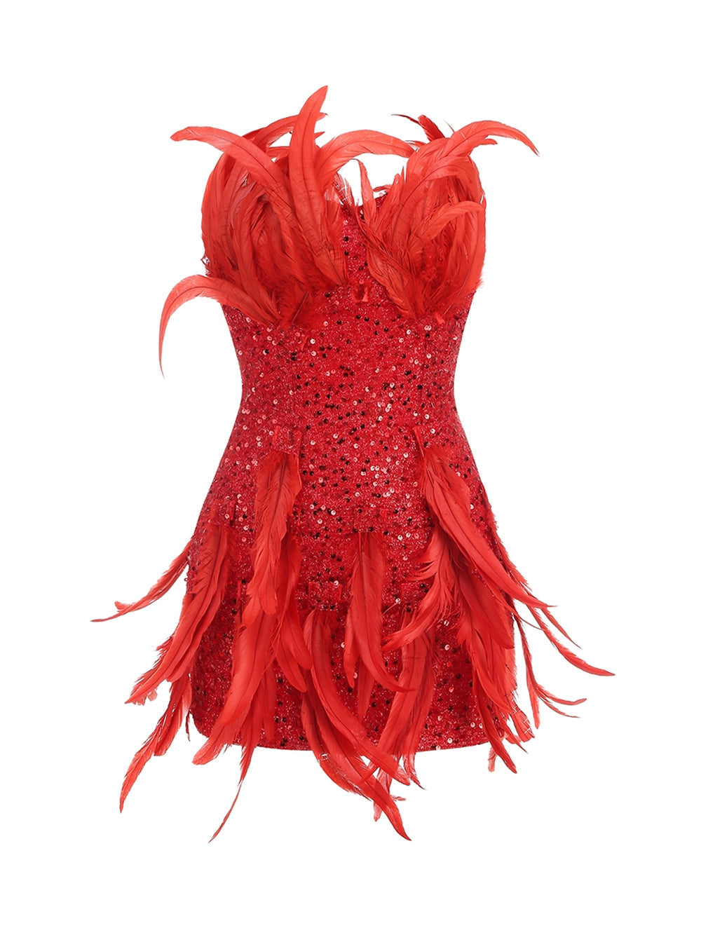Red Strapless Sequin Feather Trim Bodycon Mini Dress