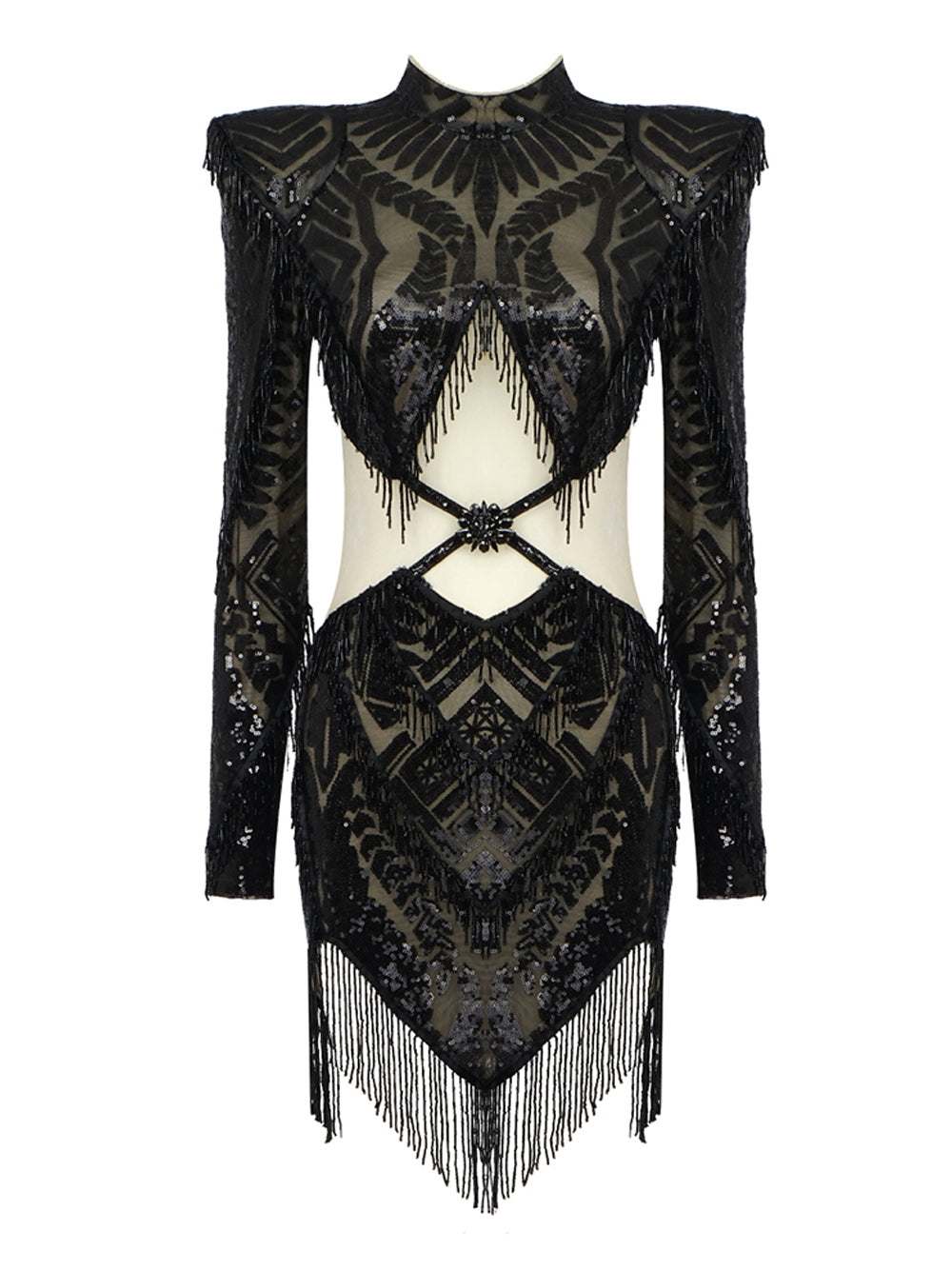 Black High Neck Long Sleeve Sequin Fringe Cutout Bodycon Mini Dress
