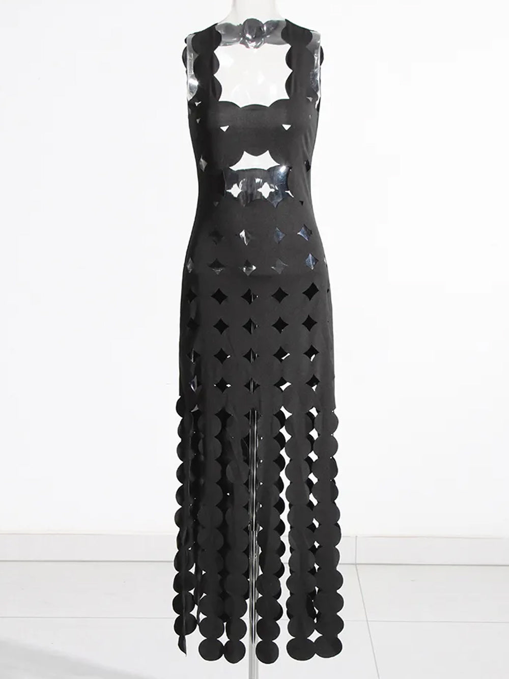 Black Square Neck Cutout Disc Fringe Hem Bodycon Maxi Dress 6