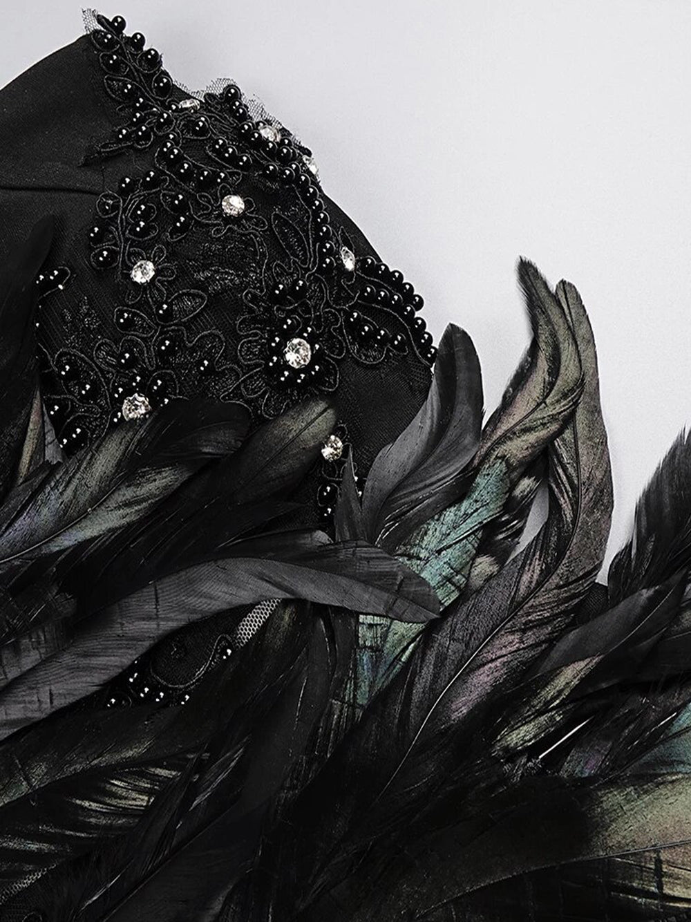 Black Strapless Feather Beaded Applique Fringe Bodycon Mini Dress