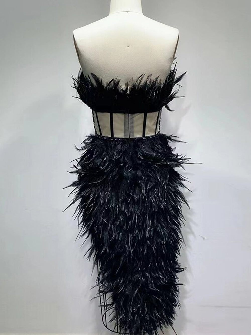 Black Strapless Feather Beaded Corset Bodycon Mini Dress 11