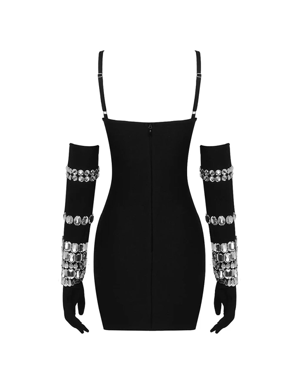 Black Spaghetti Strap Crystal Embellished Bodycon Mini Dress