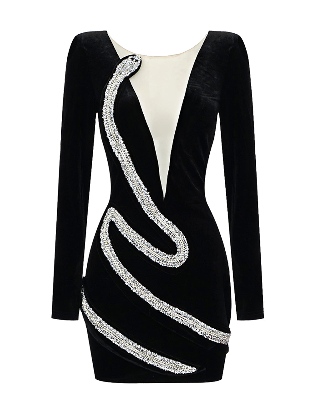 Black Deep V-Neck Rhinestone Swirl Velvet Long Sleeve Bodycon Mini Dress
