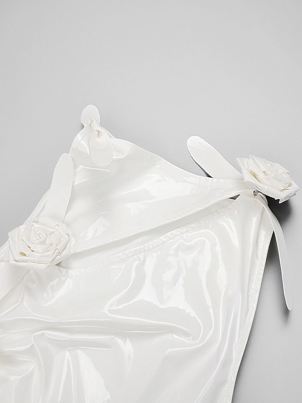 White Asymmetric Neckline Satin Rosette Applique Bodycon Maxi Gown 9