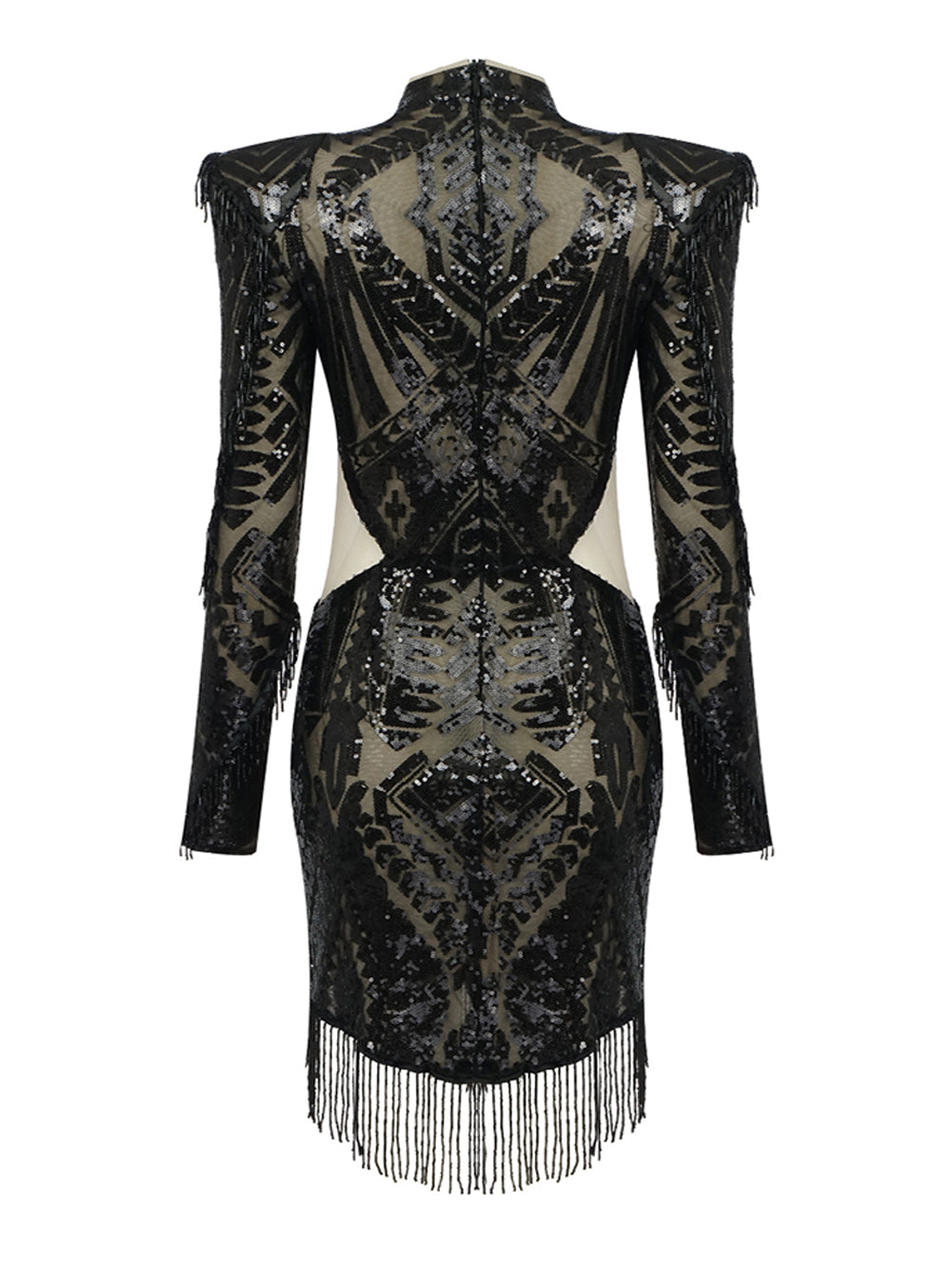 Black High Neck Long Sleeve Sequin Fringe Cutout Bodycon Mini Dress 2