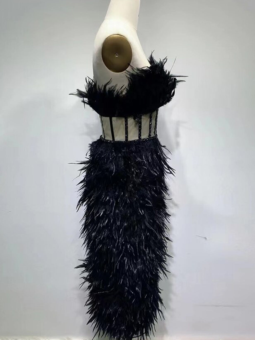 Black Strapless Feather Beaded Corset Bodycon Mini Dress 12