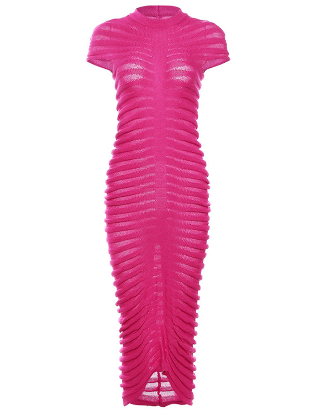 Fuchsia Mock Neck Textured Ribbed Knit Cap Sleeve Bodycon Midi Dress