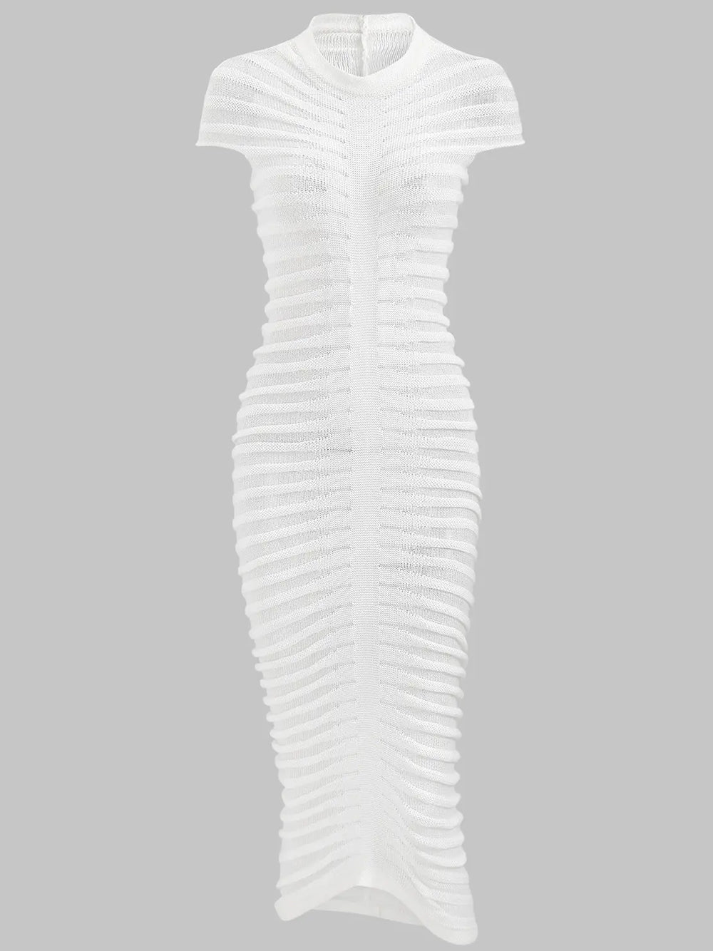 White Mock Neck Sheer Striped Pointelle Knit Bodycon Midi Dress