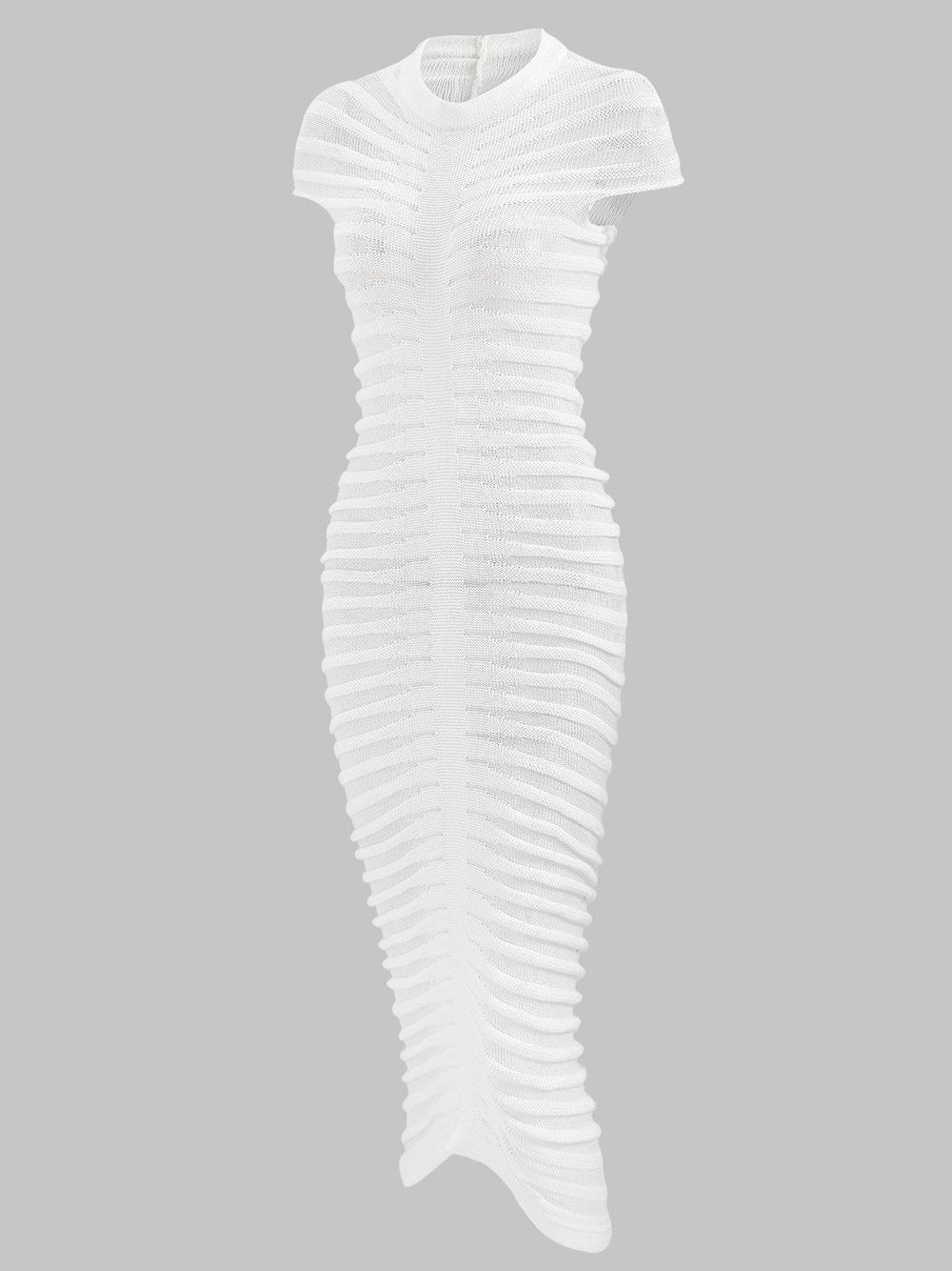 White Mock Neck Sheer Striped Pointelle Knit Bodycon Midi Dress