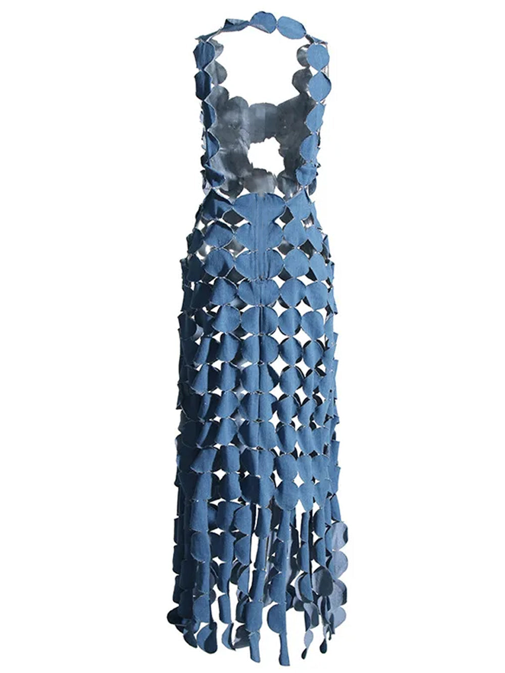 Denim Halter Neck Disc Link Cutout Waist Fringe Bodycon Maxi Dress 2