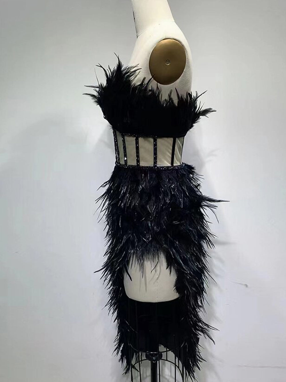 Black Strapless Feather Beaded Corset Bodycon Mini Dress 10