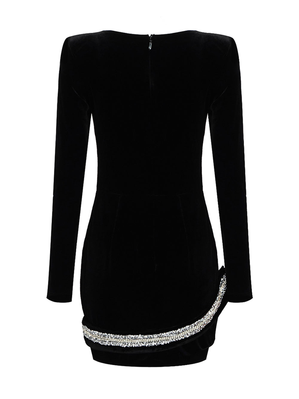 Black Deep V-Neck Rhinestone Swirl Velvet Long Sleeve Bodycon Mini Dress 2