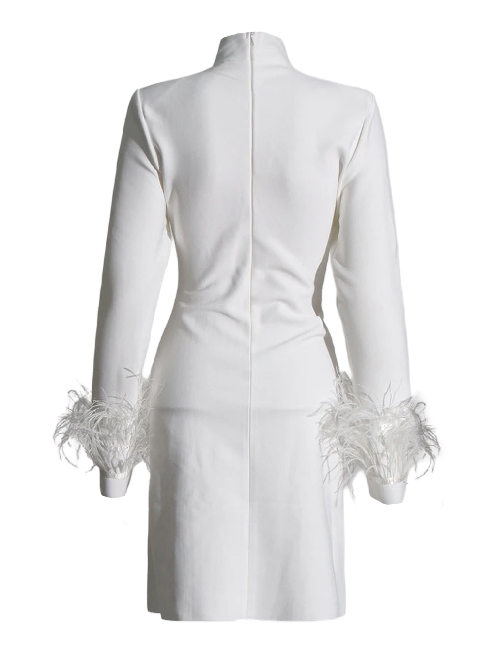 White High Neck Mesh Cutout Feather Cuff Bandage Bodycon Mini Dress