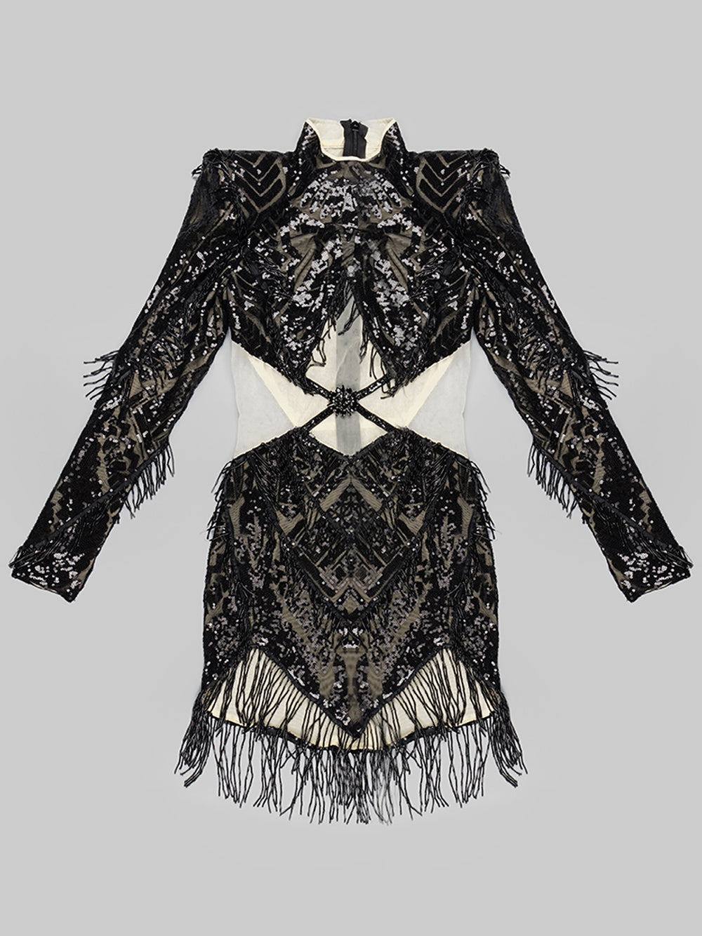 Black High Neck Long Sleeve Sequin Fringe Cutout Bodycon Mini Dress 4