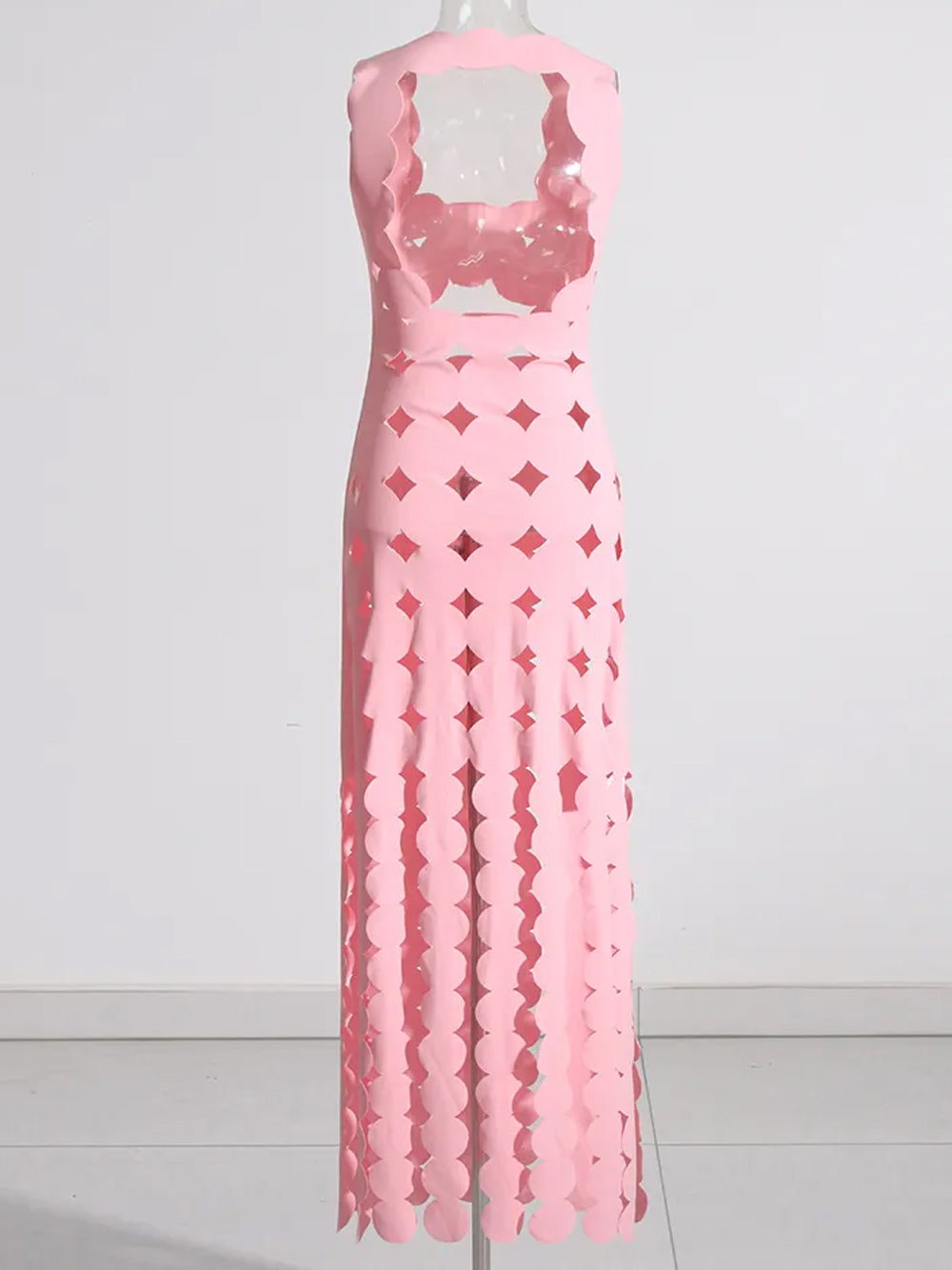 Pink Square Neck Laser Cut Scallop Cutout Fringe Bodycon Maxi Dress 7