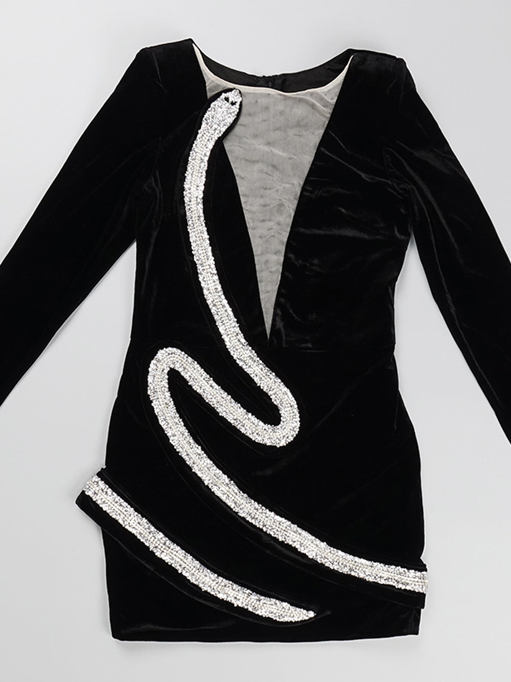 Black Deep V-Neck Rhinestone Swirl Velvet Long Sleeve Bodycon Mini Dress 10