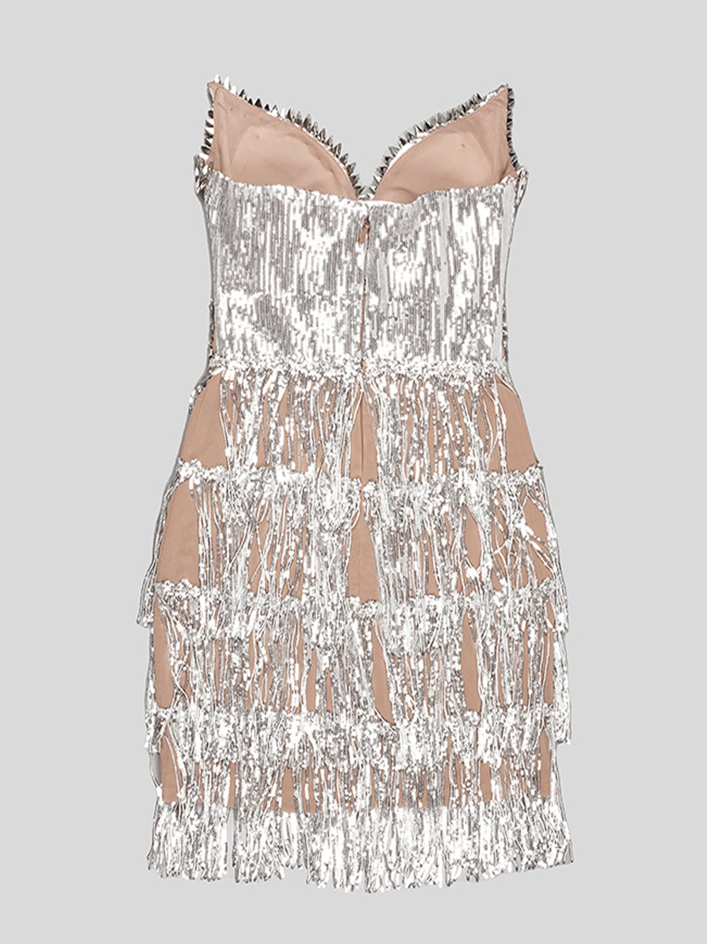 Silver V-Neck Rhinestone Sequin Fringe Tiered Bodycon Mini Dress 5