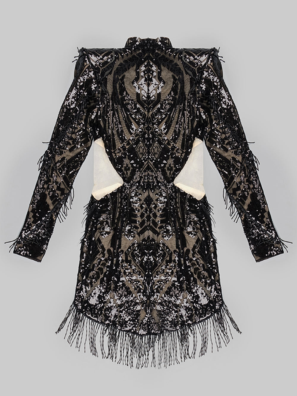 Black High Neck Long Sleeve Sequin Fringe Cutout Bodycon Mini Dress 5