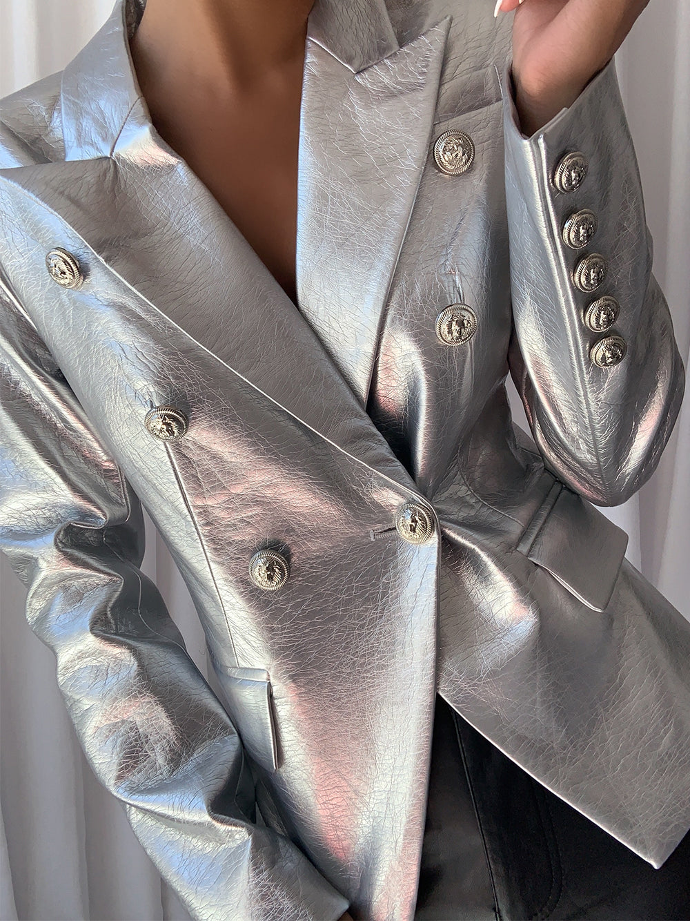 Silver Notched Lapel Double-Breasted Gold Button Metallic Leather Blazer 2