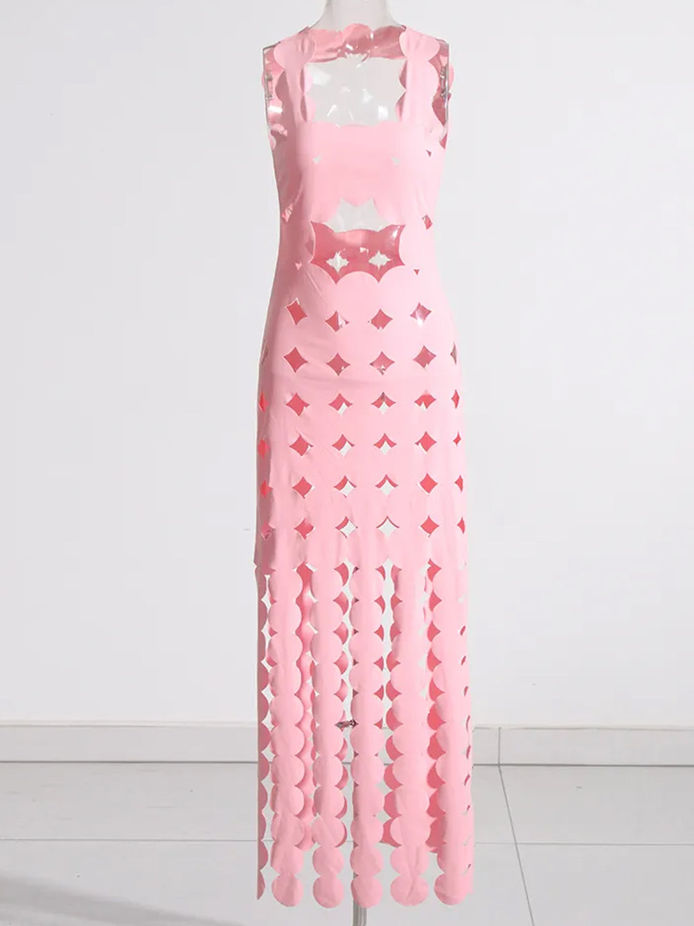 Pink Square Neck Laser Cut Scallop Cutout Fringe Bodycon Maxi Dress 6