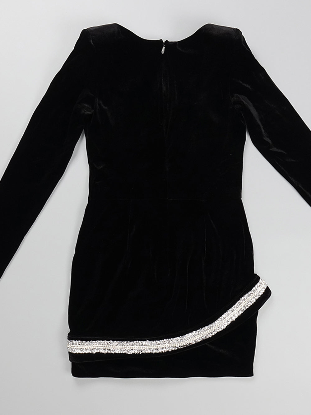 Black Deep V-Neck Rhinestone Swirl Velvet Long Sleeve Bodycon Mini Dress 11