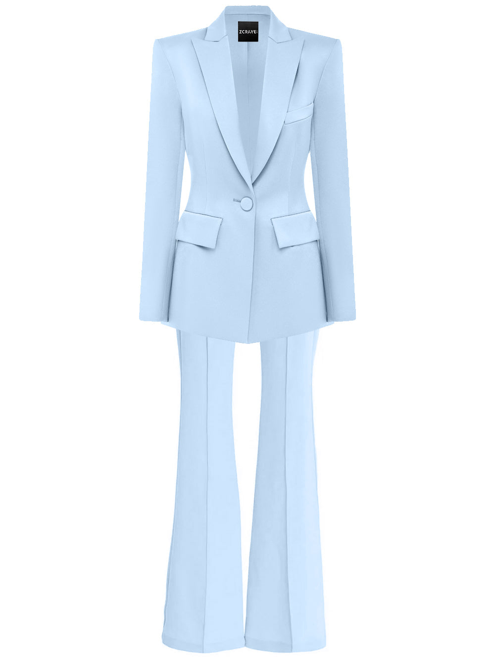 Columbia Blue Peak Lapel Button Cuff Tailored Blazer and Flared Pants Set 6