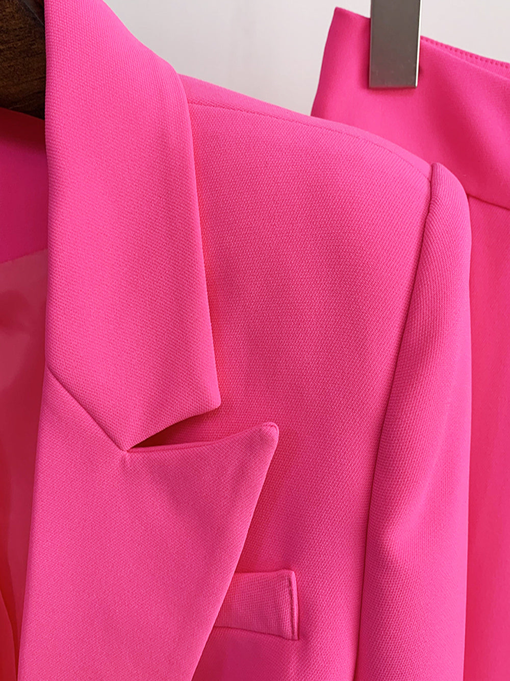 Fuchsia Peak Lapel Plunge Blazer and Flared Pants Set