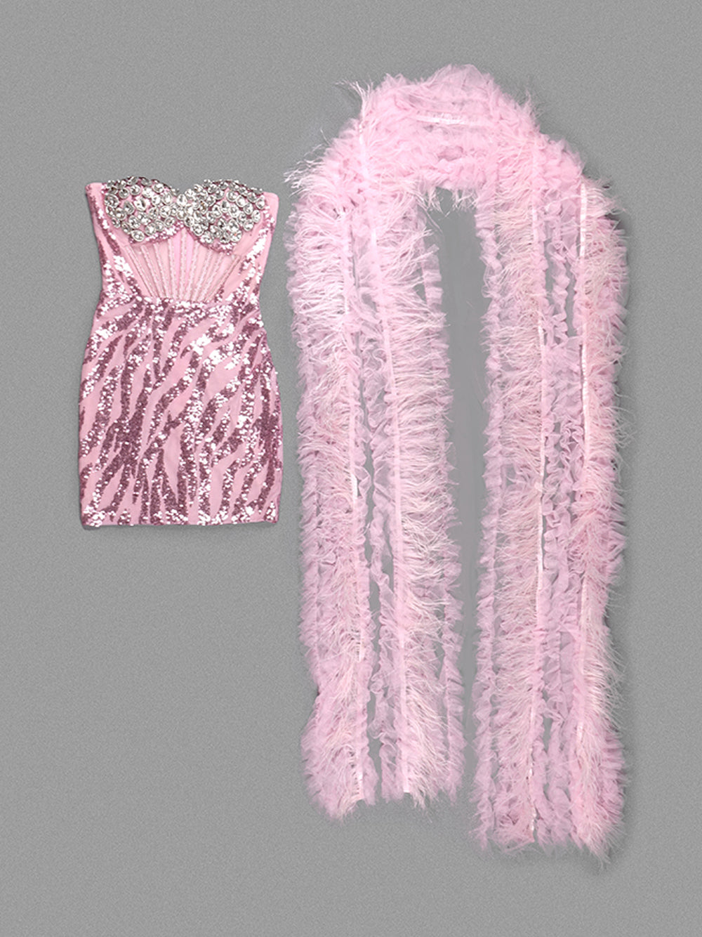 Pink Off-Shoulder Crystal Bust Feather Sleeve Sequin Bodycon Mini Dress 3