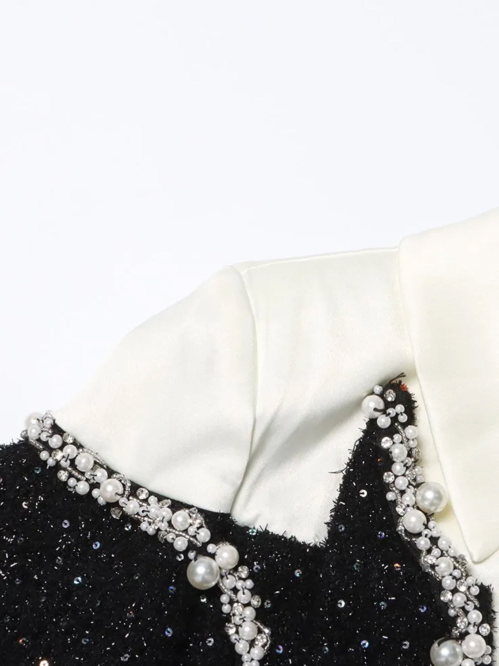 Black Collared Long Sleeve Pearl Trim Sequin Blazer Mini Dress 14