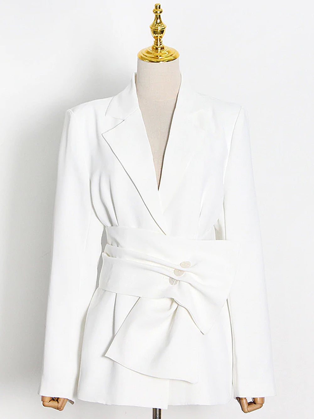 White Notch Lapel Ruched Corset Belt Long Sleeve Blazer 4