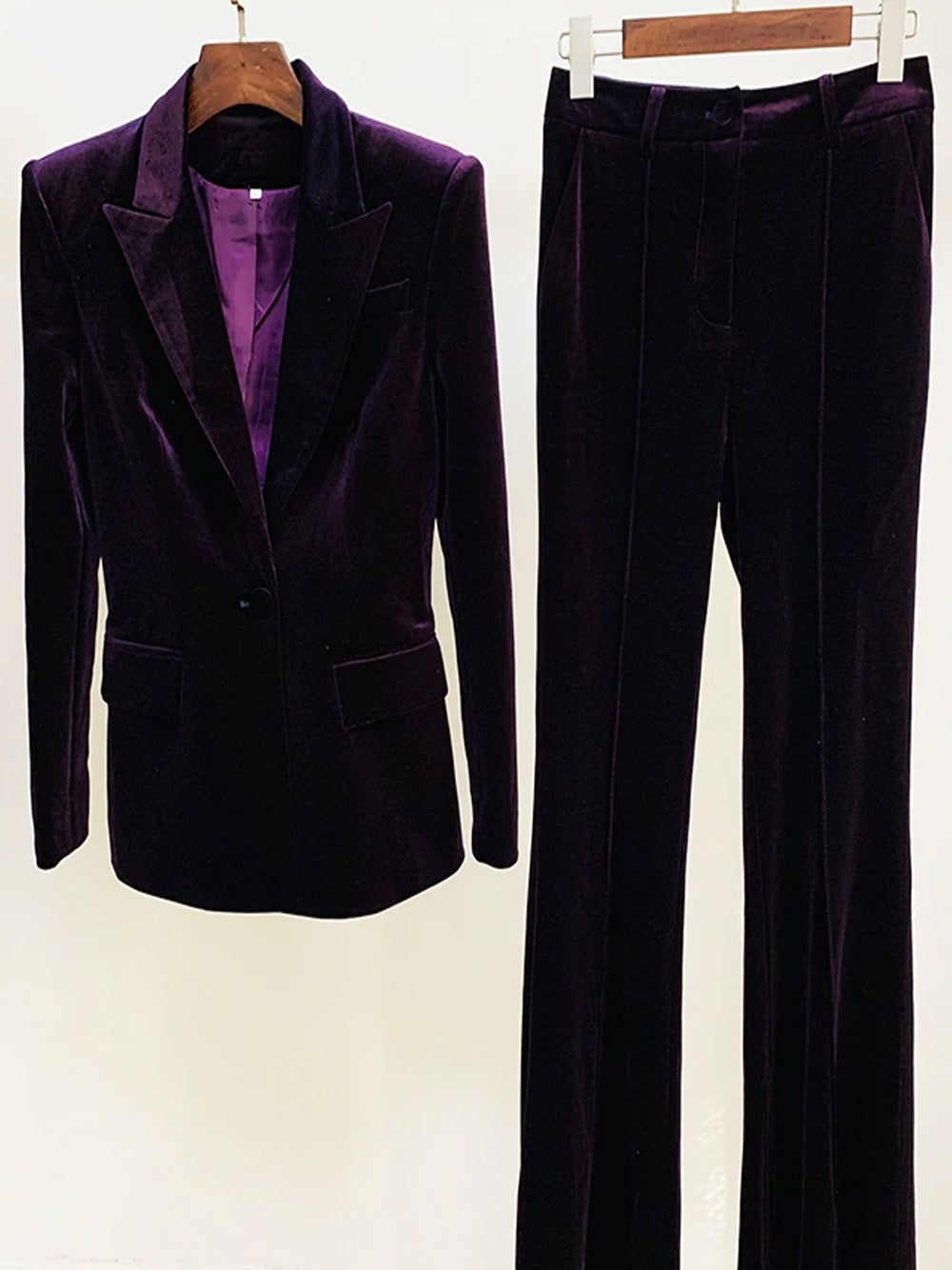 Purple Peak Lapel Velvet Single Button Blazer Pants Set