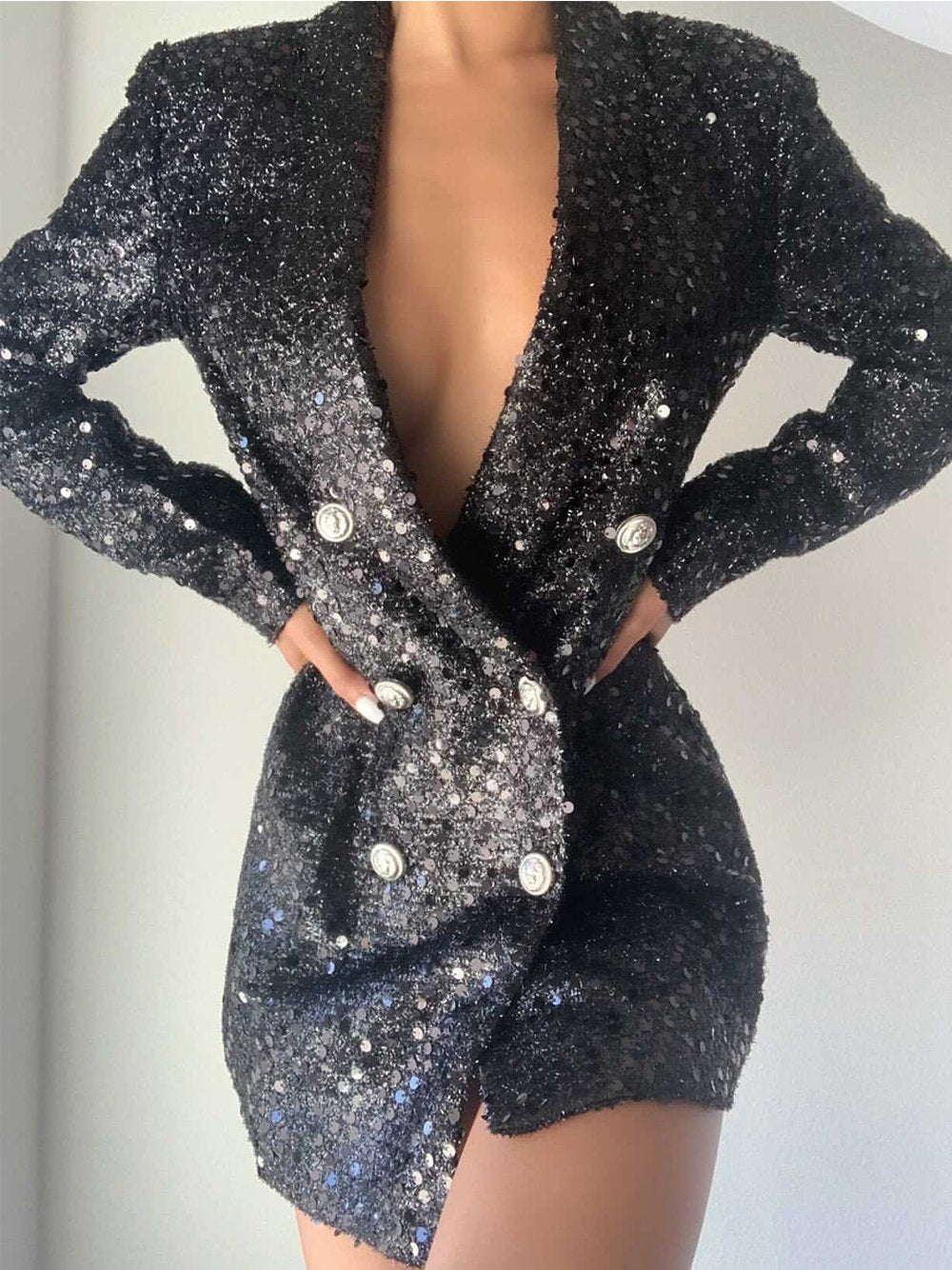 Black Shawl Lapel Sequin Double Breasted Blazer Mini Dress