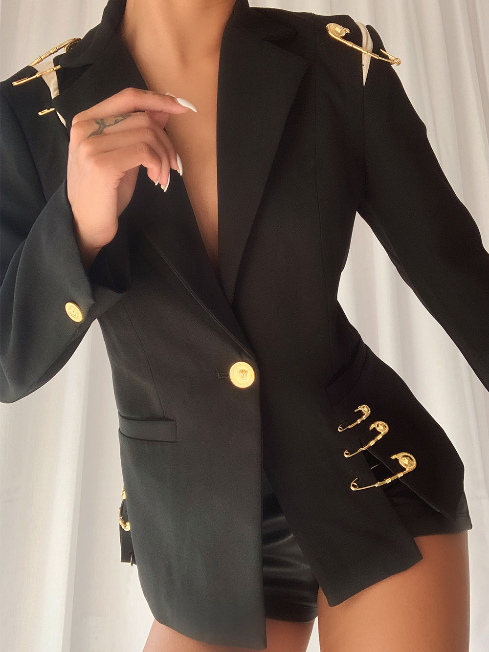 Black Peak Lapel Safety Pin Embellished Single Button Blazer 2