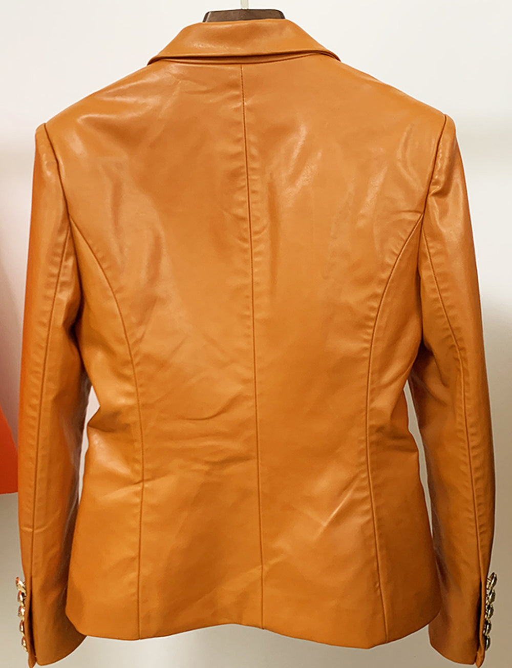 Brown Peak Lapel Double Breasted Gold Button Faux Leather Blazer