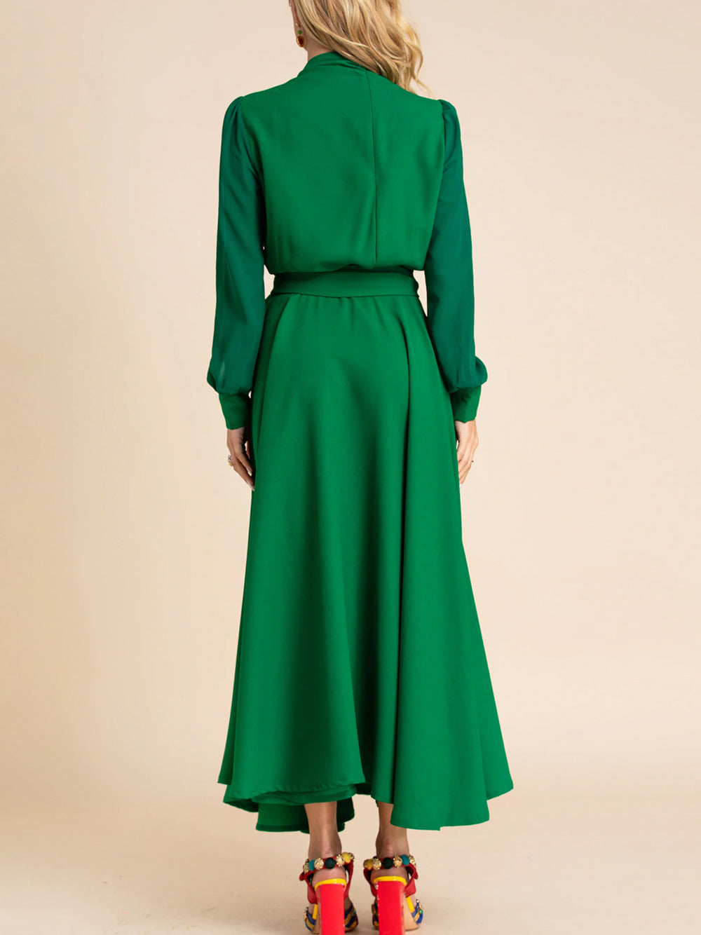 Green Mock Neck Sheer Sleeve Waist Tie A-Line Midi Dress 5