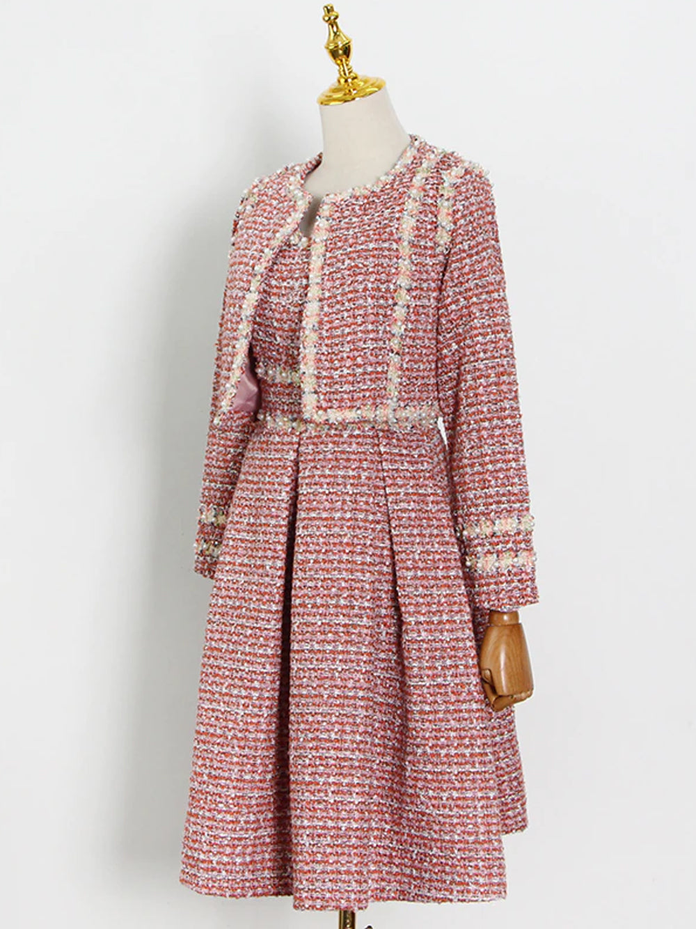 Pink Pearl Trim Tweed Jacket Slip Dress Set