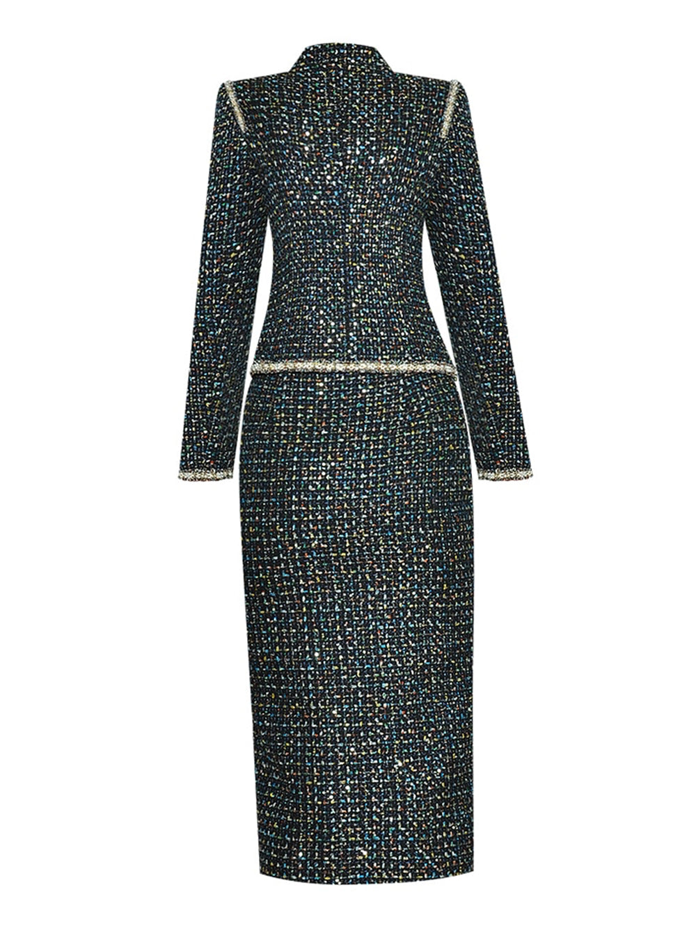 Multicolor Contrast Trim Tweed Cropped Jacket And Skirt Set 12