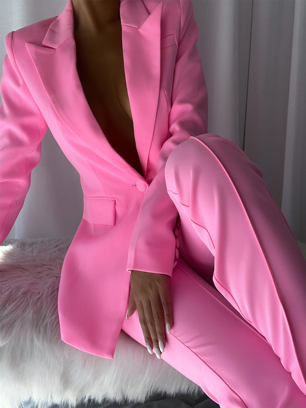 Pink Peaked Lapel Single Button Fitted Blazer and Pants Set