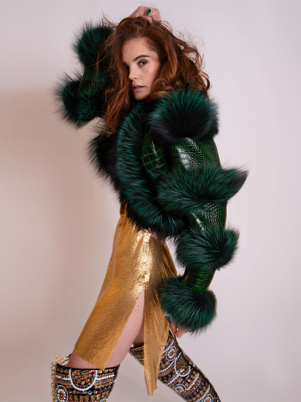Dark Green Fluffy Fur Croc Leather Panel Cropped Jacket