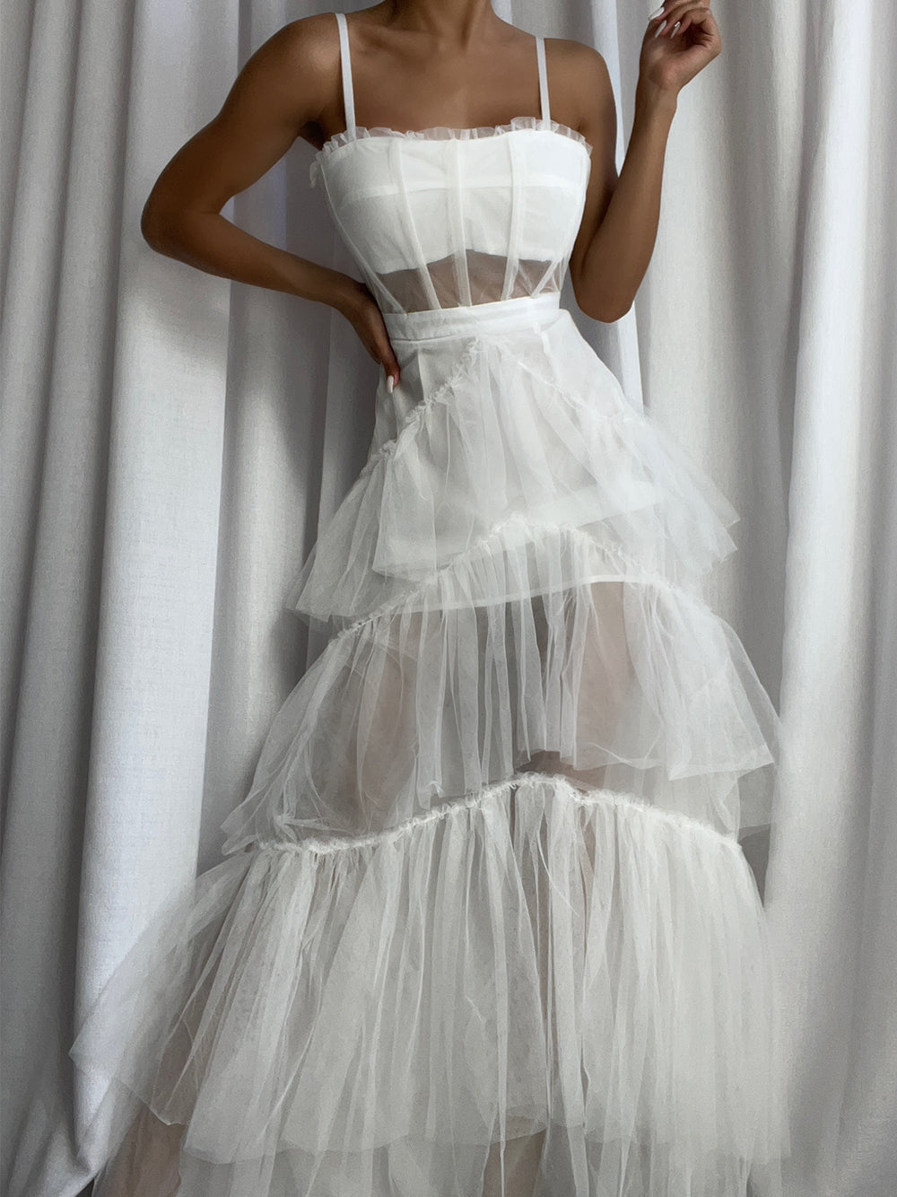 White Spaghetti Strap Straight Neck Corset Tiered Tulle Maxi Dress
