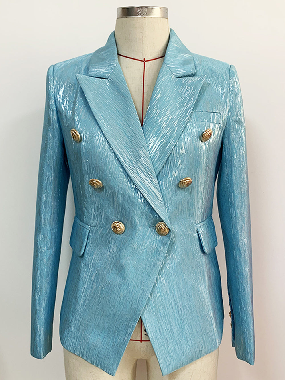 Turquoise Peak Lapel Double Breasted Gold Button Shimmer Blazer