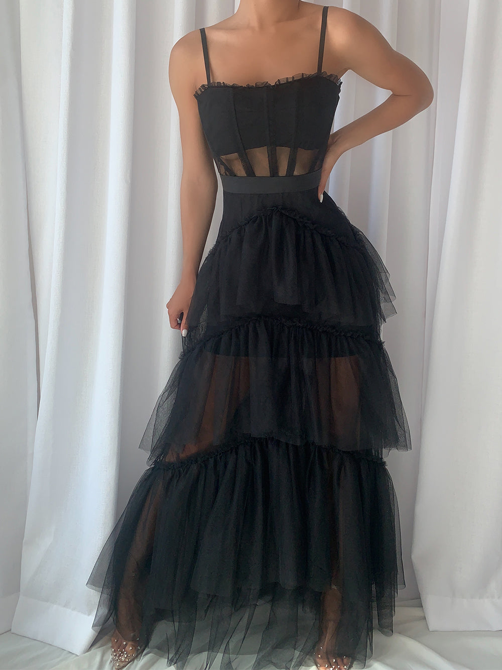 Black Strap Corset Bustier Sheer Tiered Ruffle Tulle Maxi Gown
