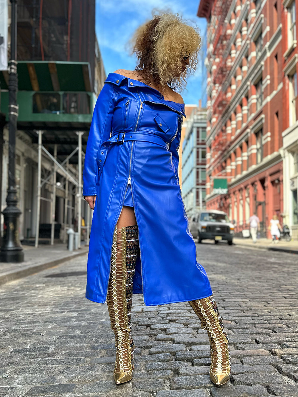 Royal Blue Off-Shoulder Long Sleeve Zip Front Belted Leather Maxi Dress 3