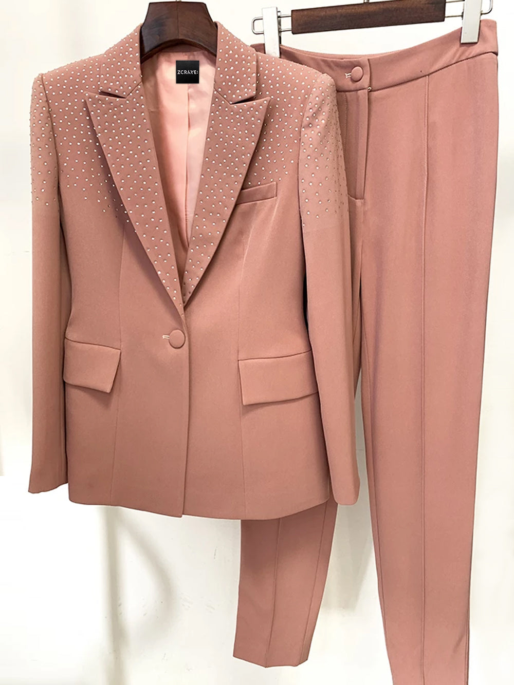Pink Peak Lapel Rhinestone Embellished Blazer Trouser Set