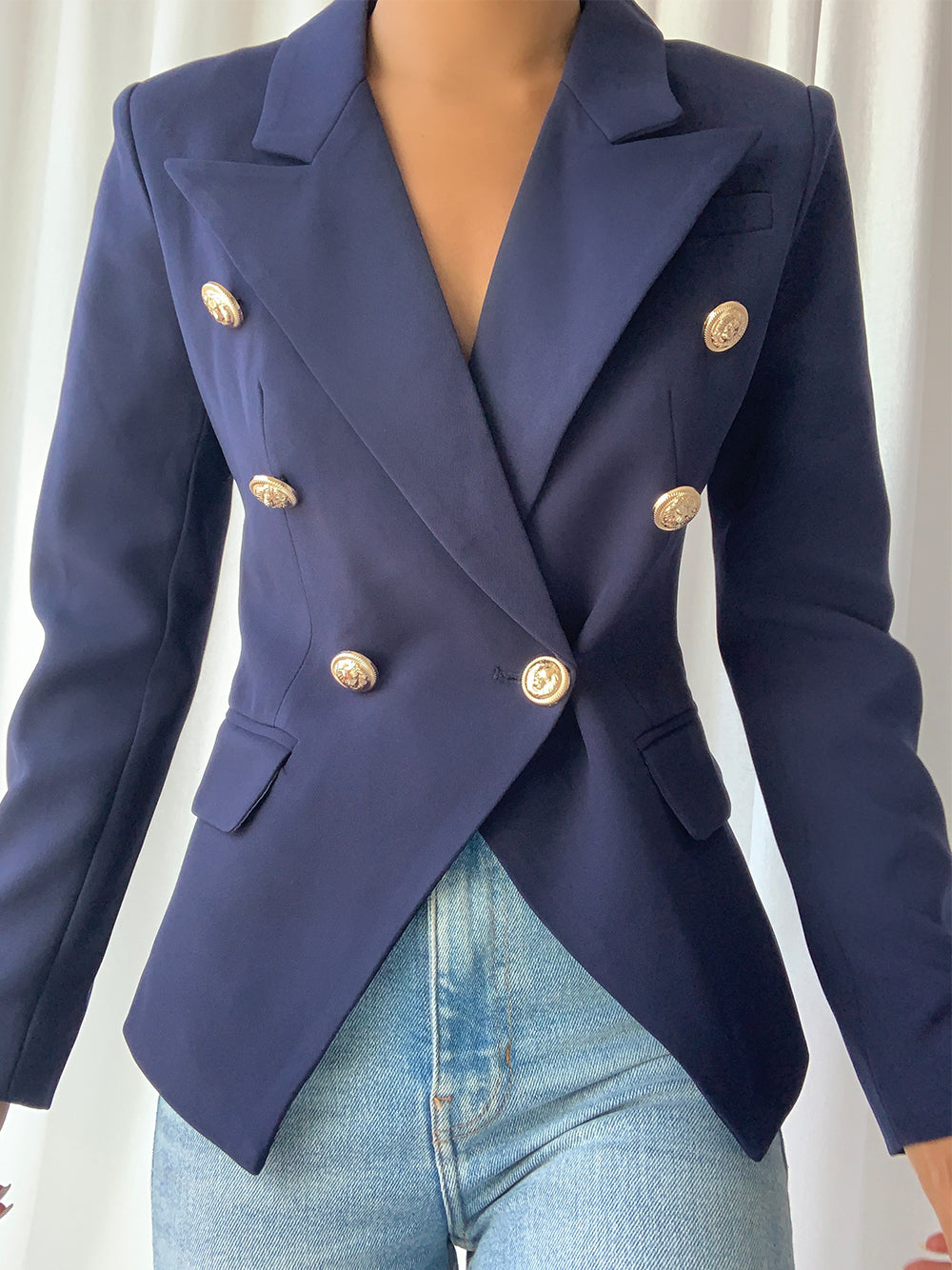 Dark Blue Peaked Lapel Gold Button Double-Breasted Fitted Blazer 3