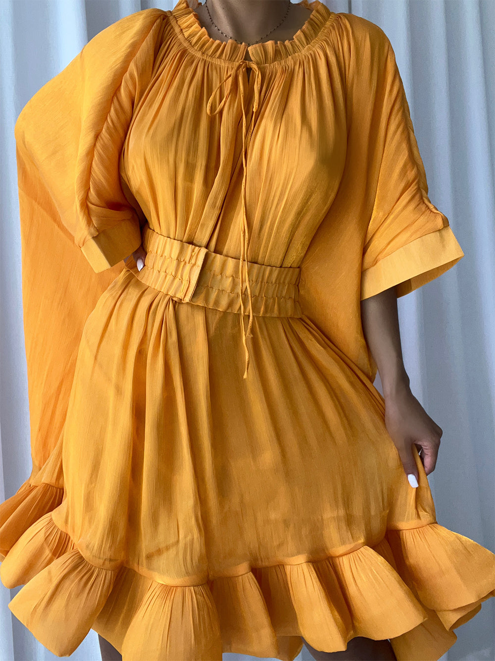 Tie Neck Ruffle Hem Batwing Sleeve Belted Flared Mini Dress